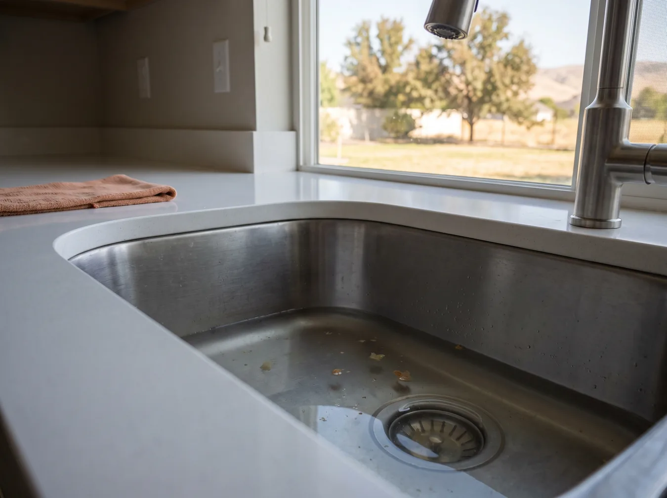 Stainless kitchen sink holding cloudy standing water that will not drain
