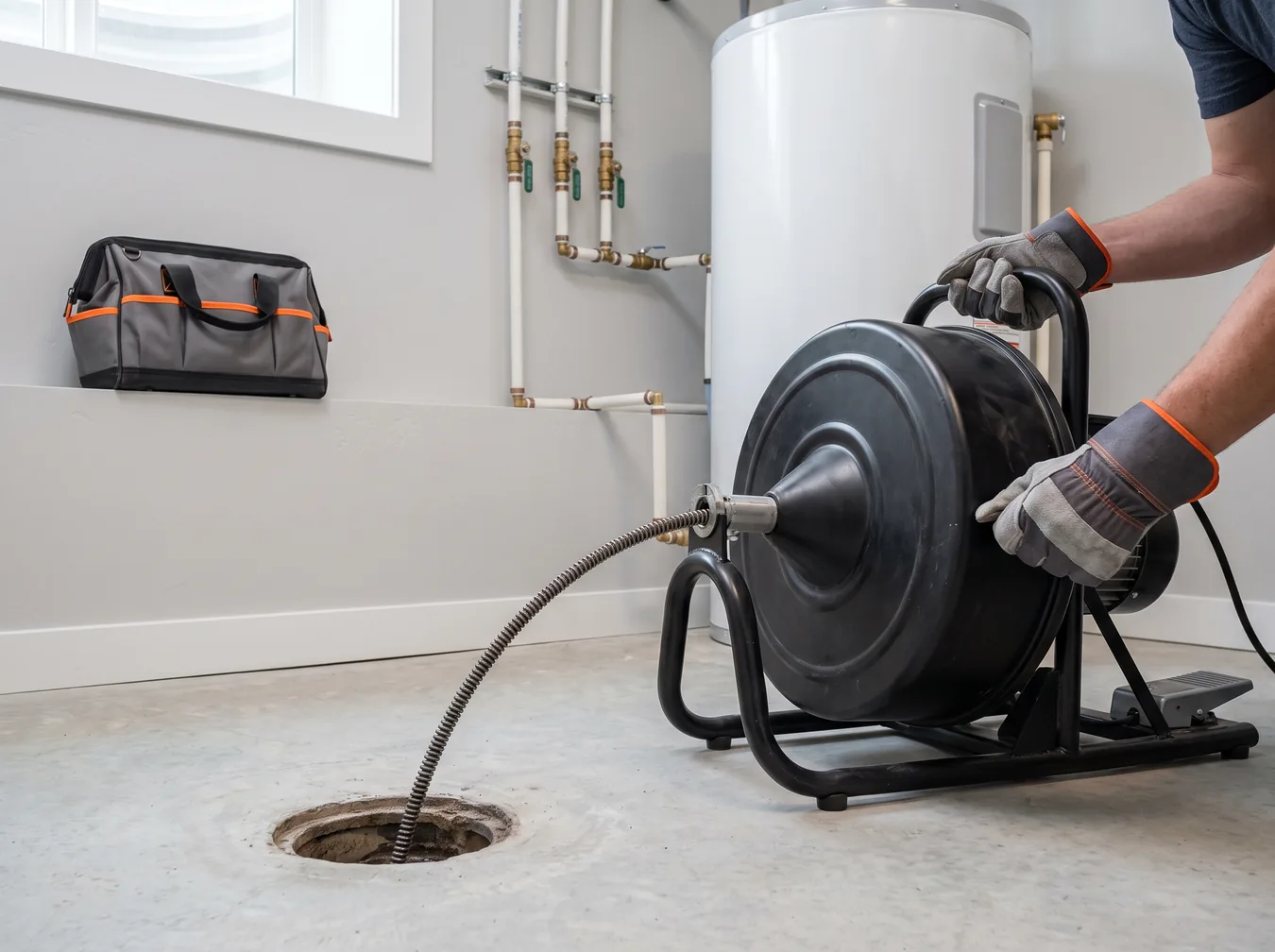 Plumber feeding a drum drain auger cable into a floor drain