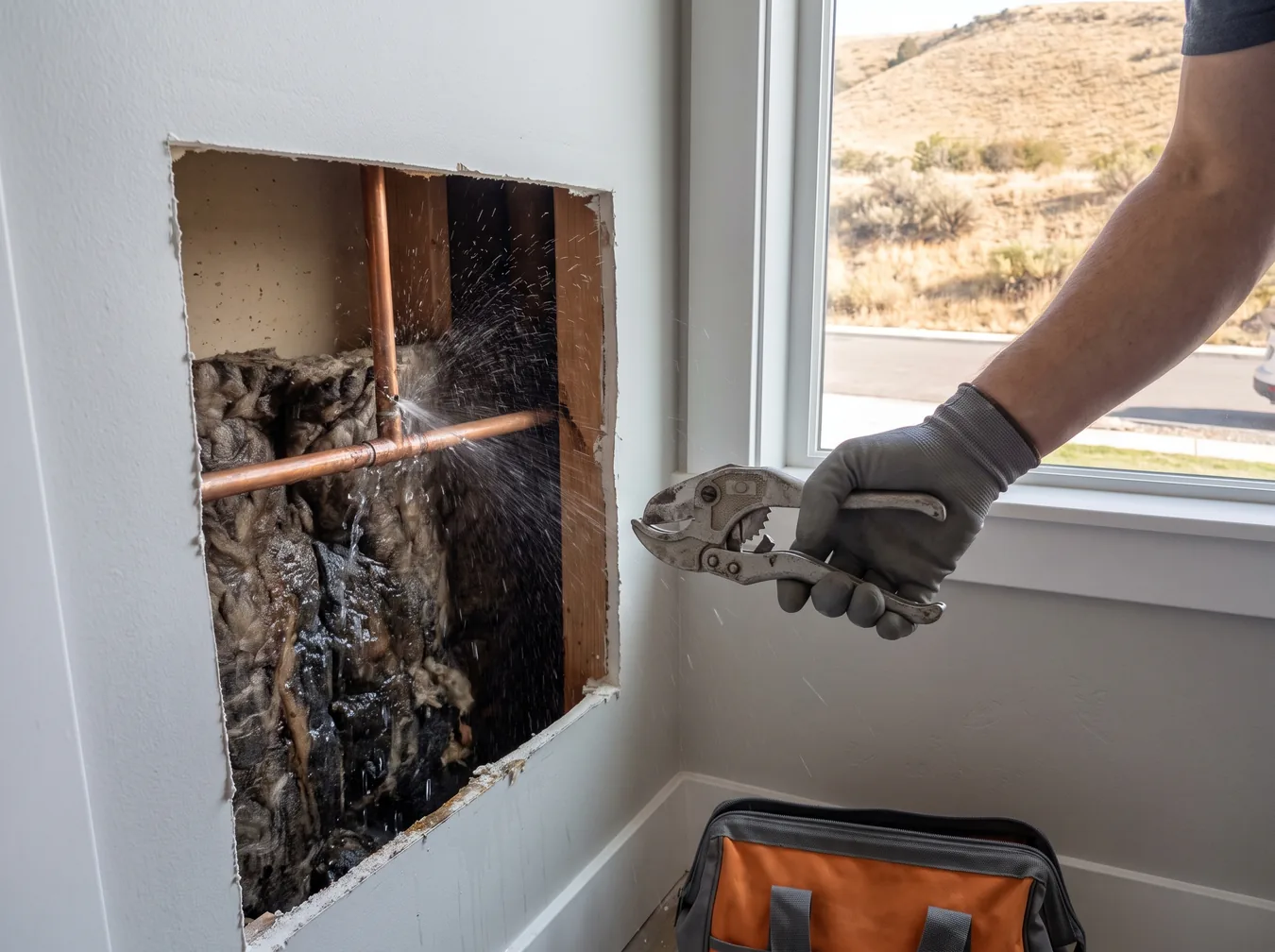 Split copper pipe spraying water inside an opened wall as a plumber reaches in with a pipe cutter