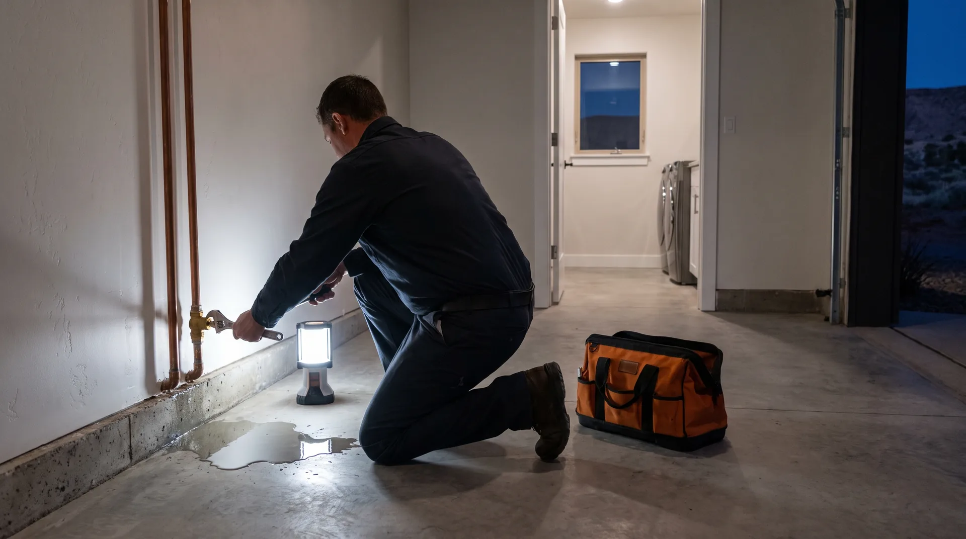 Plumber closing a home main water shutoff beside a puddle on a garage floor