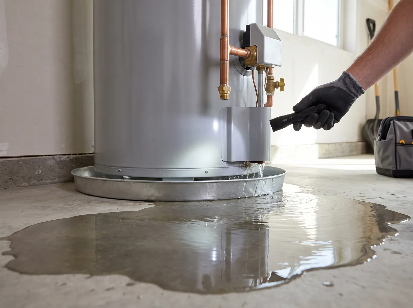 Water leaking from the base of a tank water heater across a garage floor