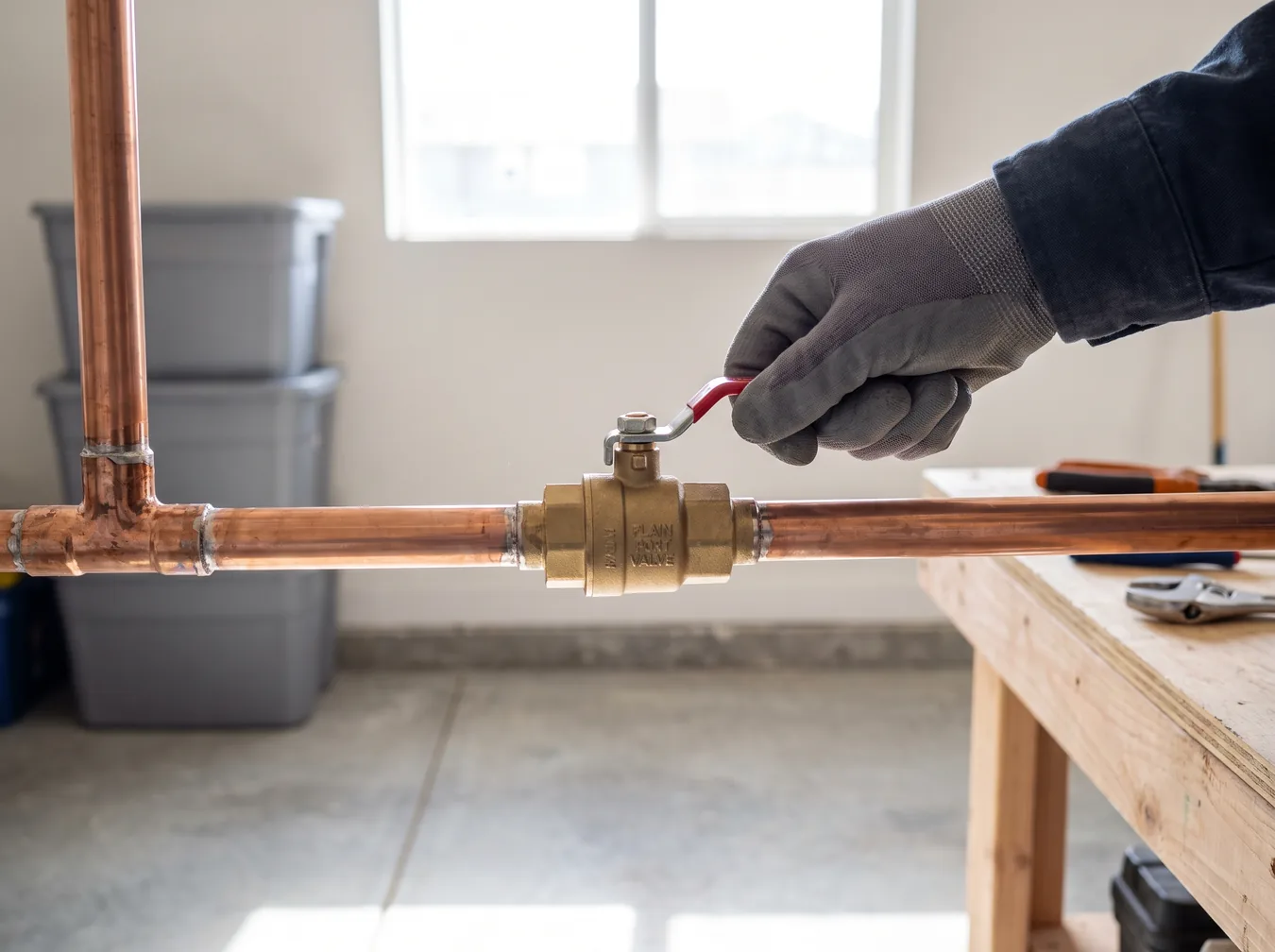 Plumber turning a new brass ball valve on a home main water line