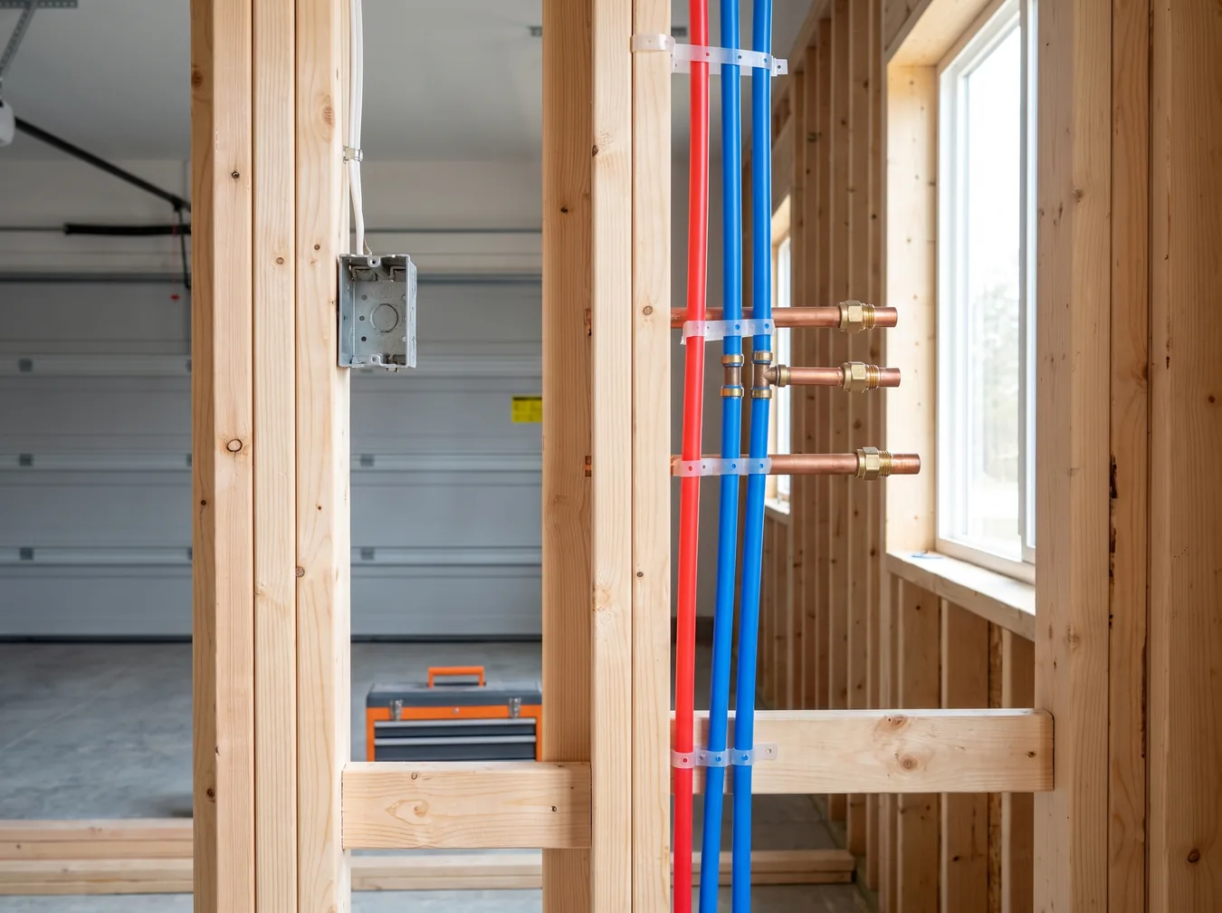 Red and blue PEX lines beside copper stub-outs inside an open stud wall