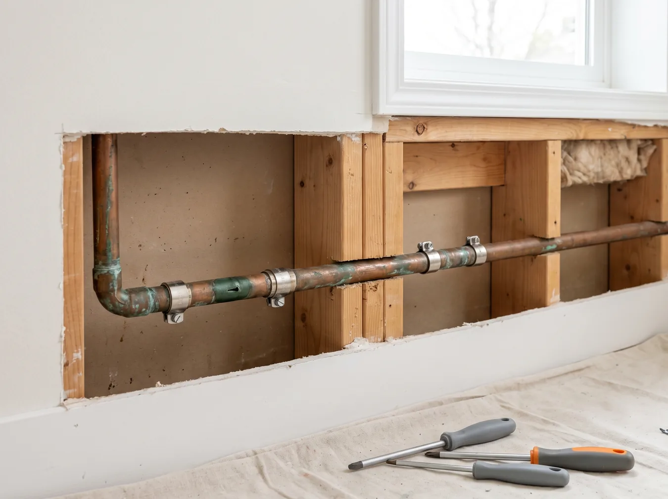 Old copper pipe in an open wall covered in repair clamps from past leaks