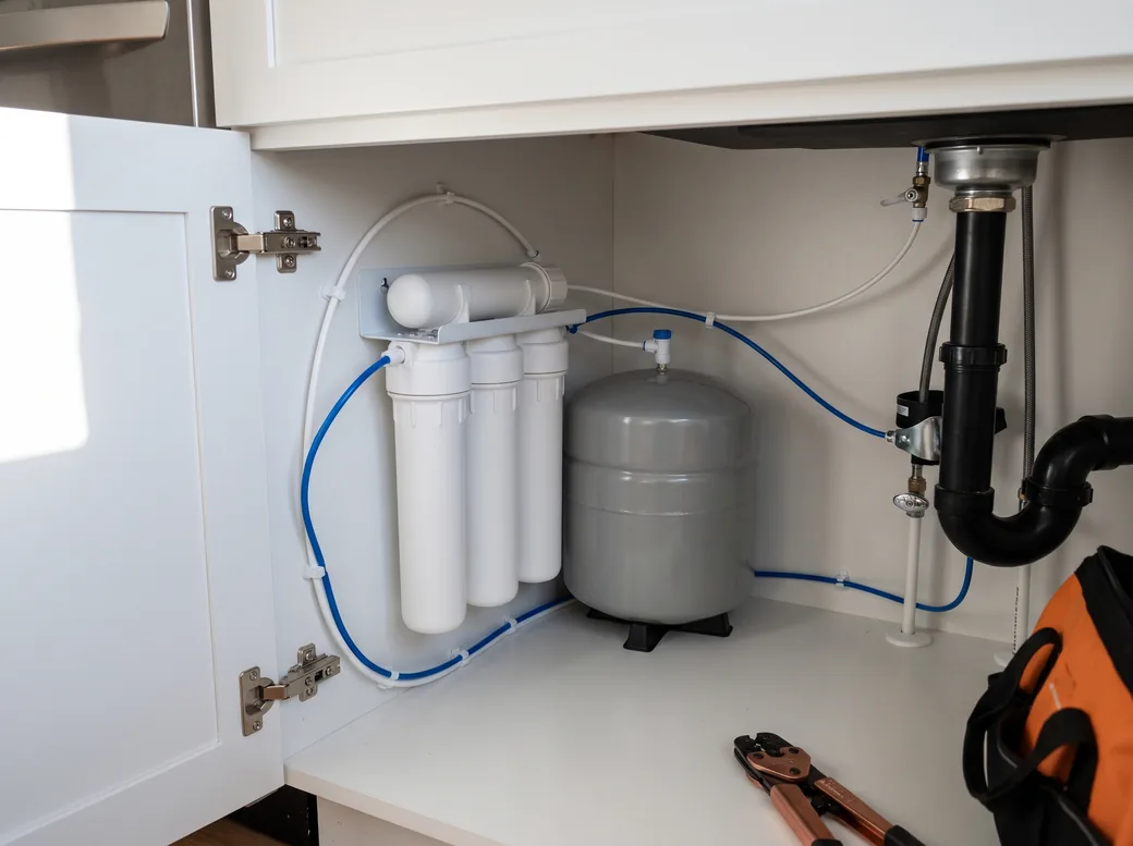 Reverse osmosis system with filter cartridges and a pressure tank under a kitchen sink