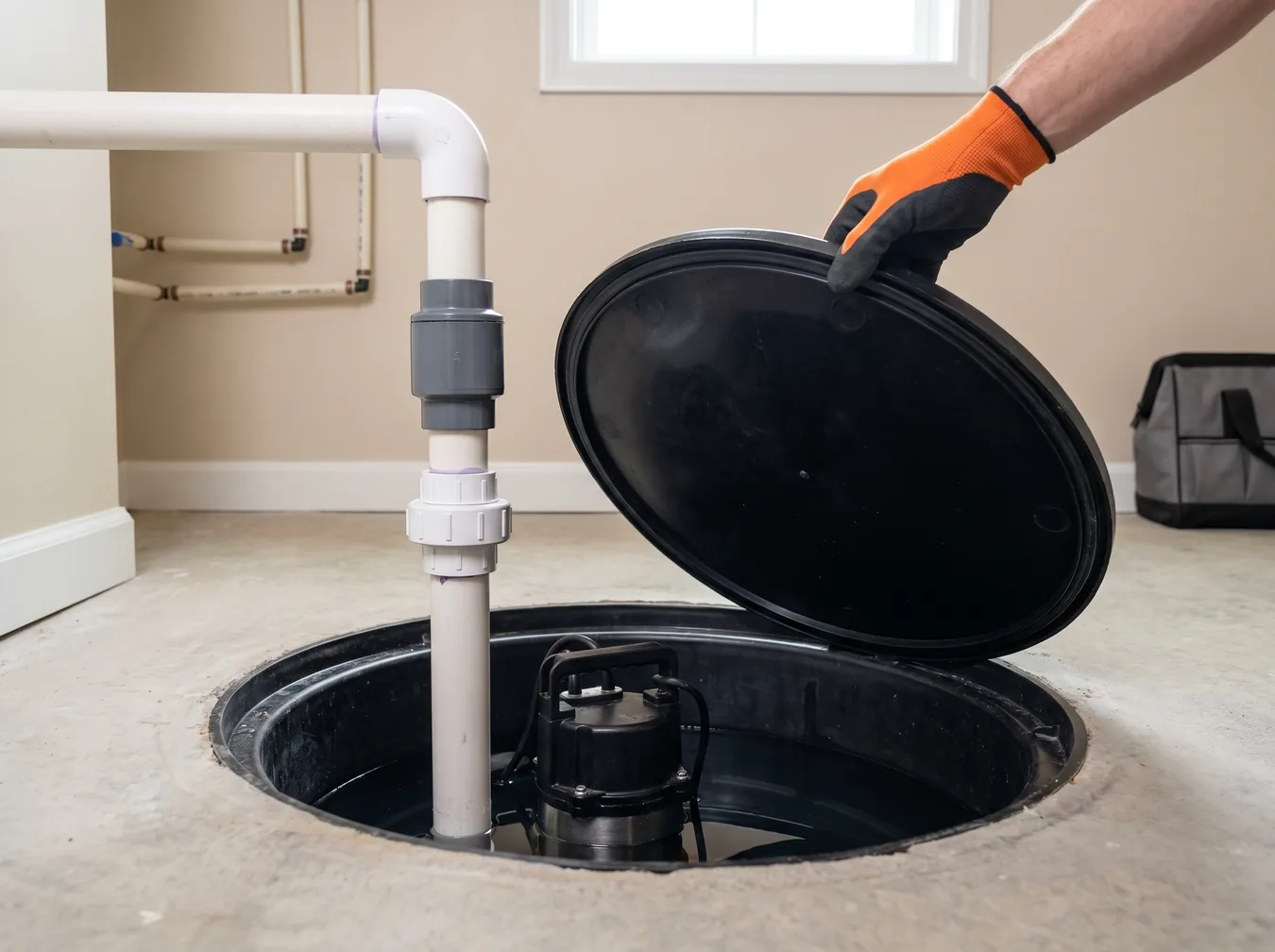 Newly installed sump pump in a basement basin with a PVC discharge line and check valve