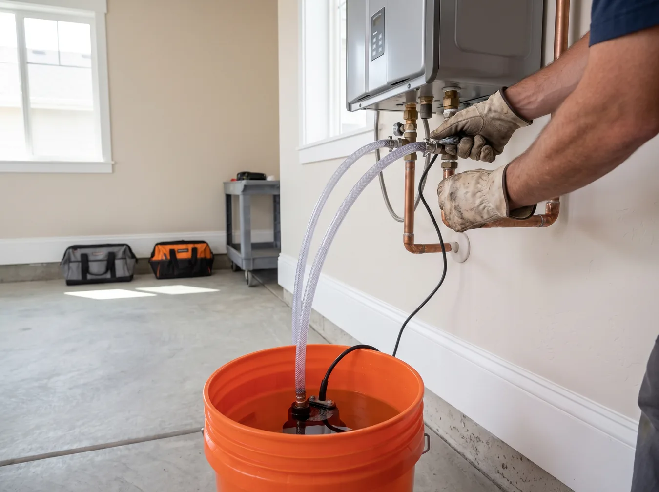 Tankless water heater being descaled with hoses running to a pump in a bucket