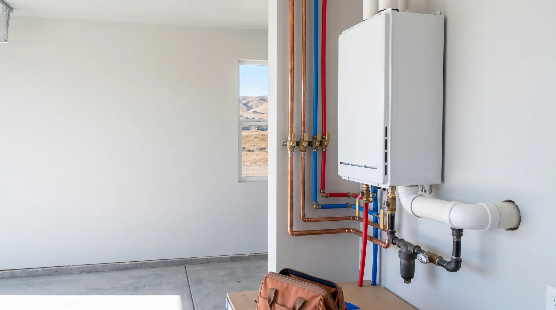 Wall-mounted tankless water heater with service valves and PVC venting in a garage