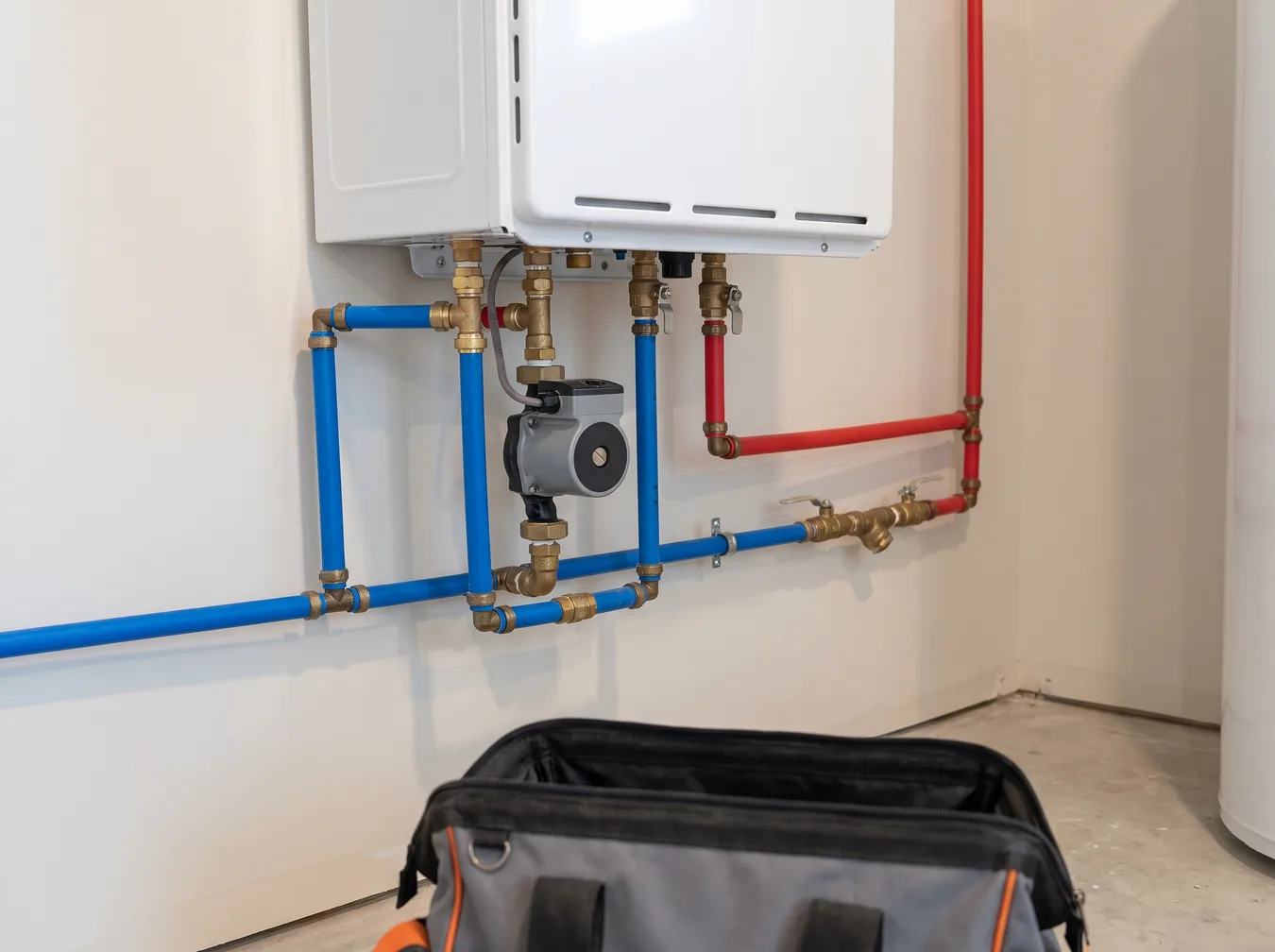 Recirculation pump and return line plumbed below a tankless water heater
