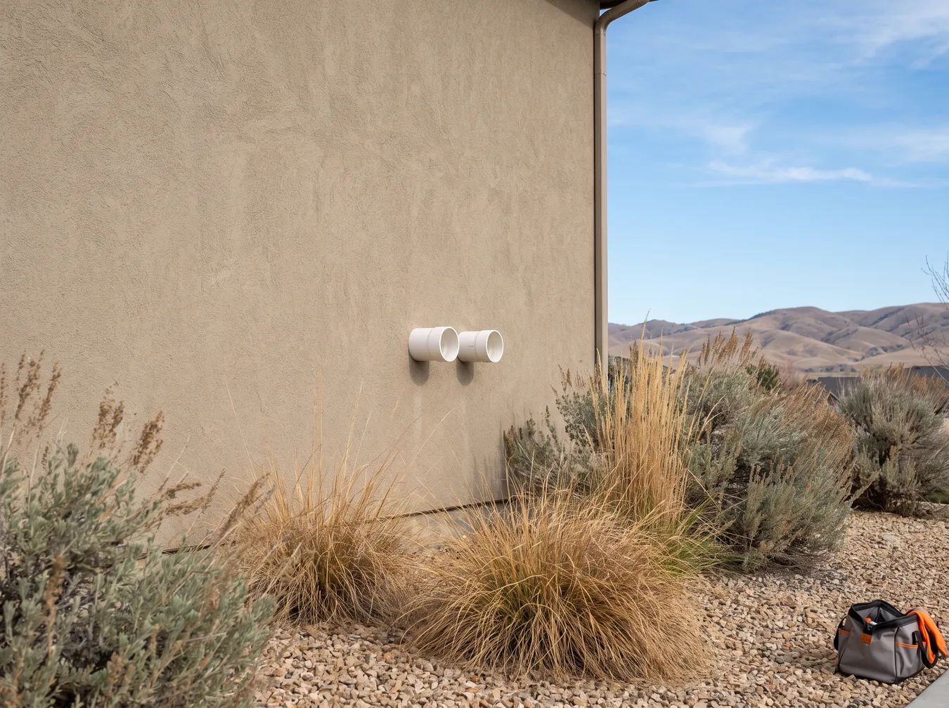 Tankless water heater intake and exhaust vents on the stucco wall of a Boise home