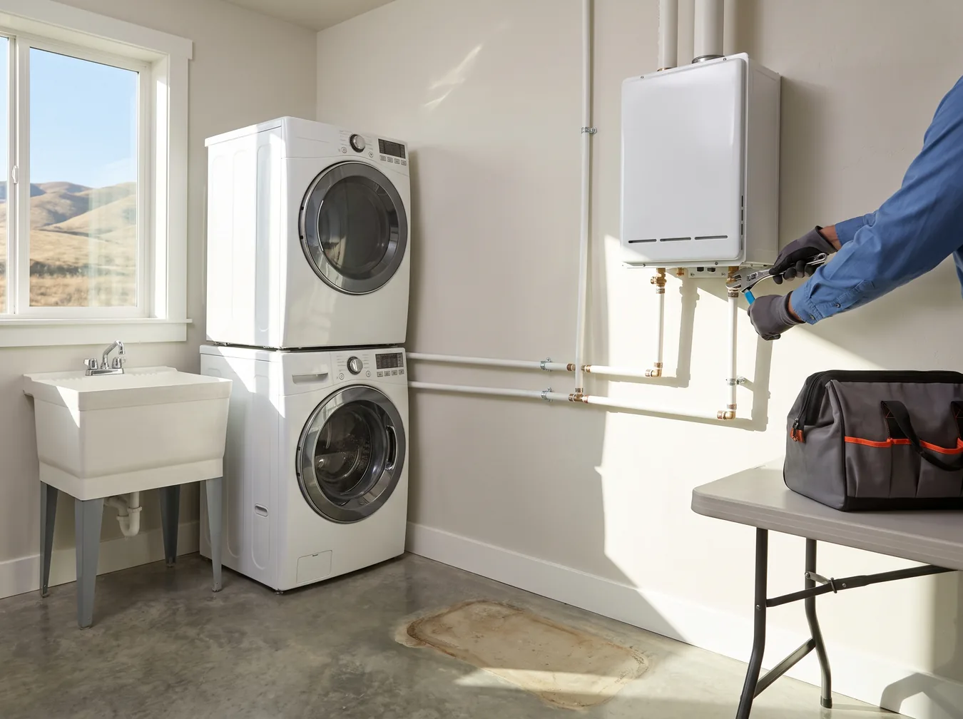 Plumber servicing a wall-mounted tankless water heater in a laundry room