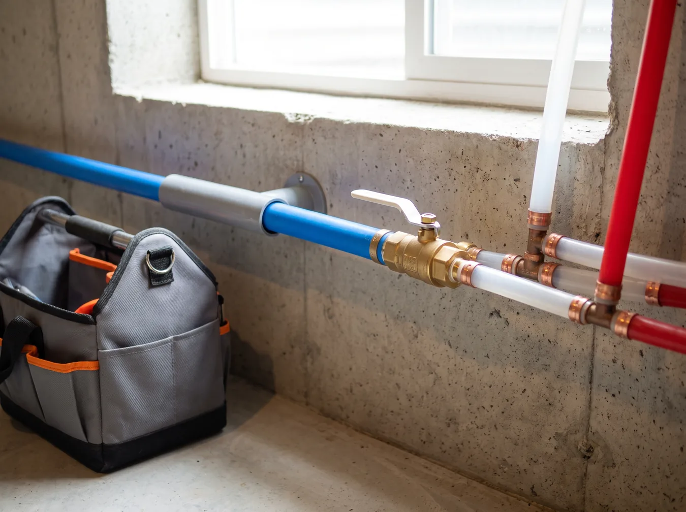 New water service line entering a foundation wall with a brass main shutoff valve