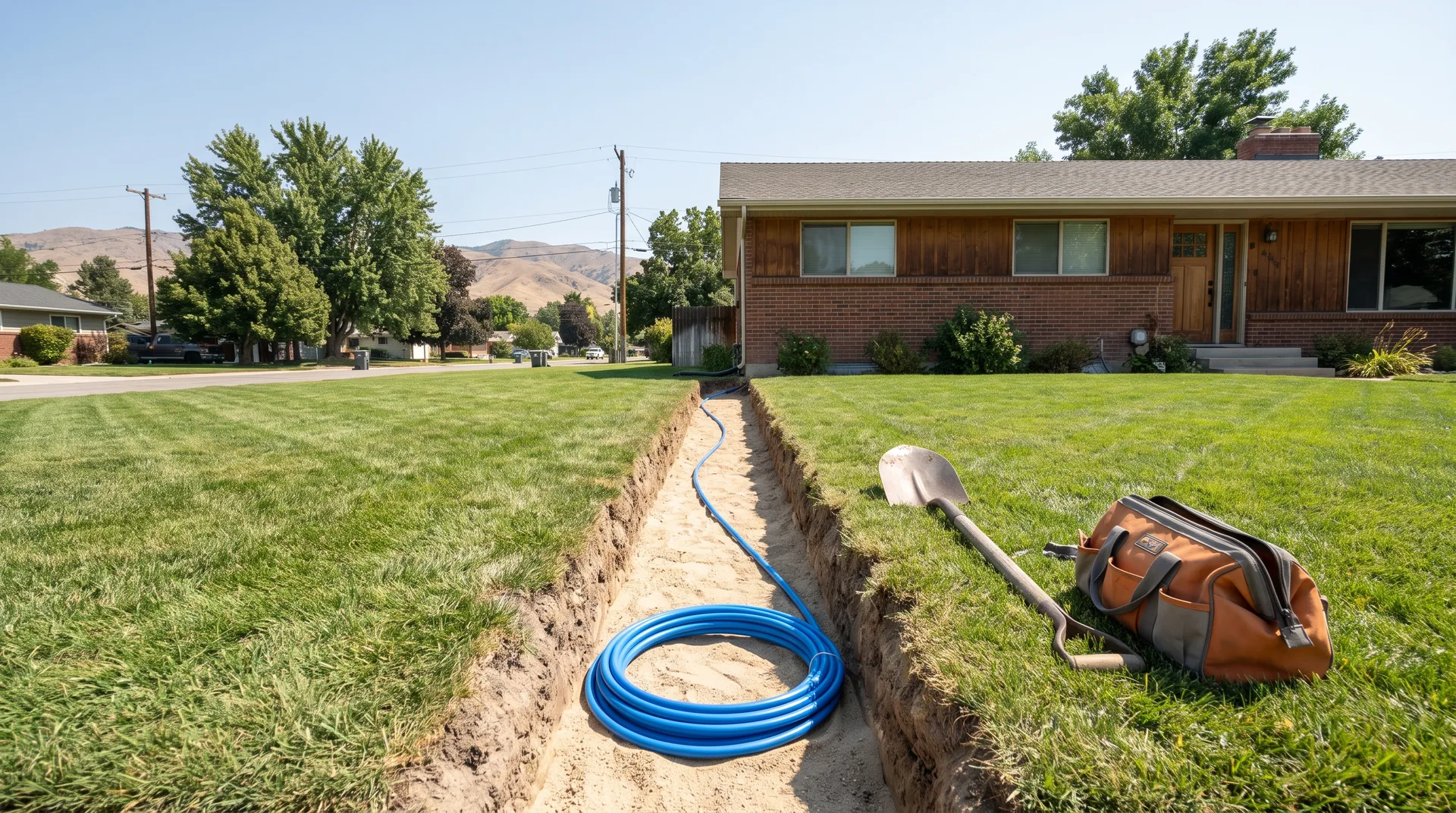 Trench across a Boise front lawn with a new blue PEX water service line