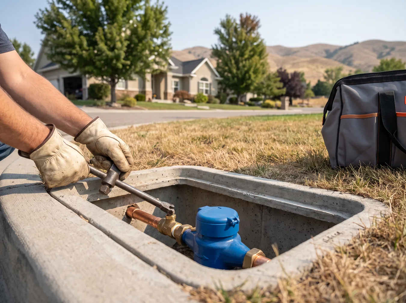Plumber opening a curbside water meter box with a new service connection