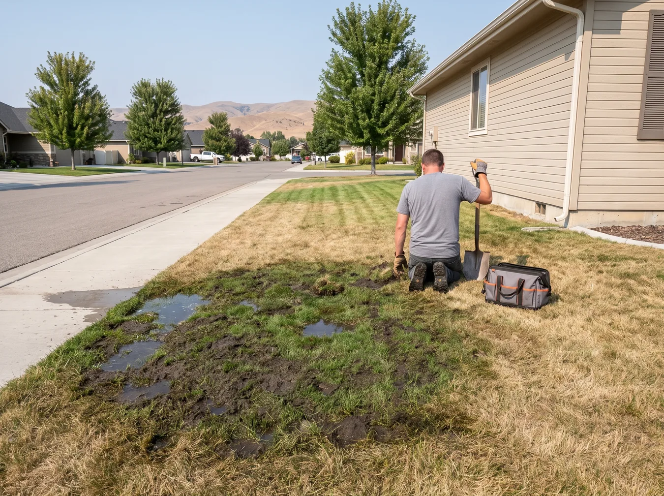 Soggy patch of lawn with standing water between the street and a house